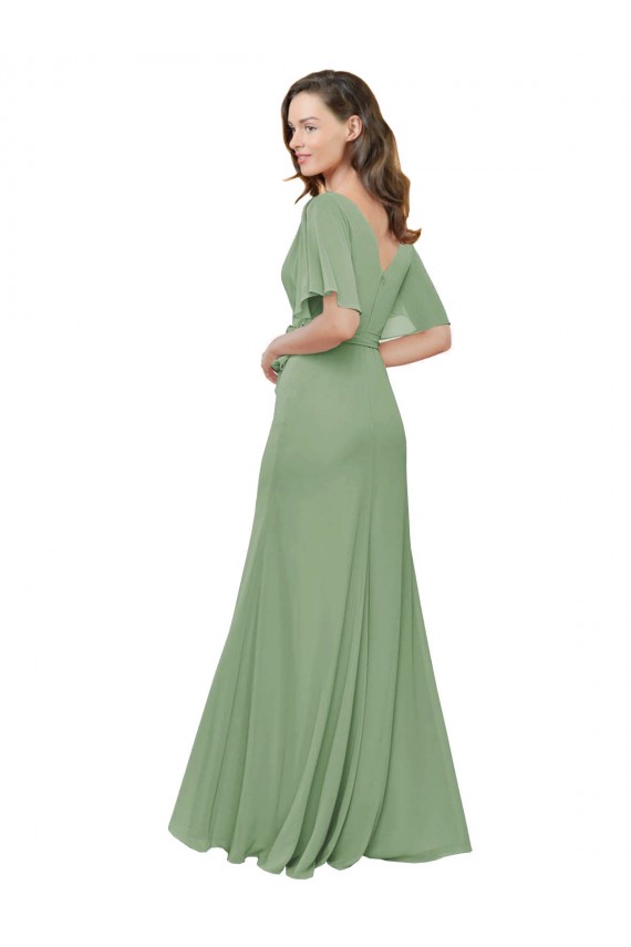 A-Line V-Neck Soft Chiffon Long Seagrass Bridesmaid Dress Barrie