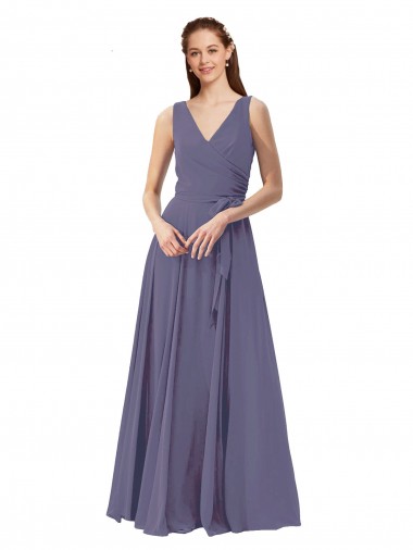 A-Line V-Neck Soft Chiffon Long Silver Stone Bridesmaid Dress Barrie