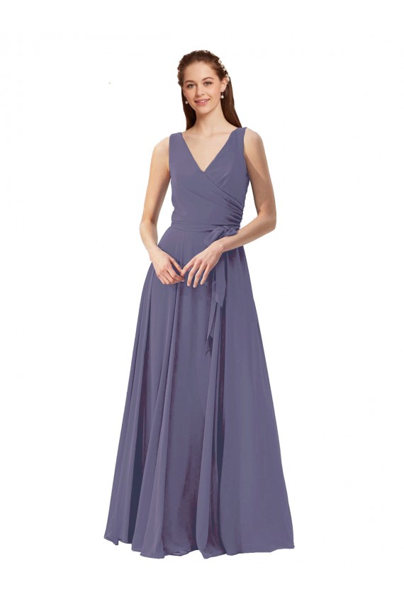 A-Line V-Neck Soft Chiffon Long Silver Stone Bridesmaid Dress Barrie