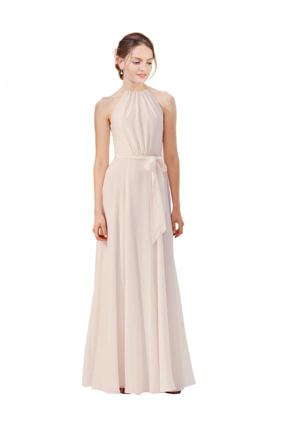 A-Line High Neck Soft Chiffon Long Cream Pink Bridesmaid Dress Barrie