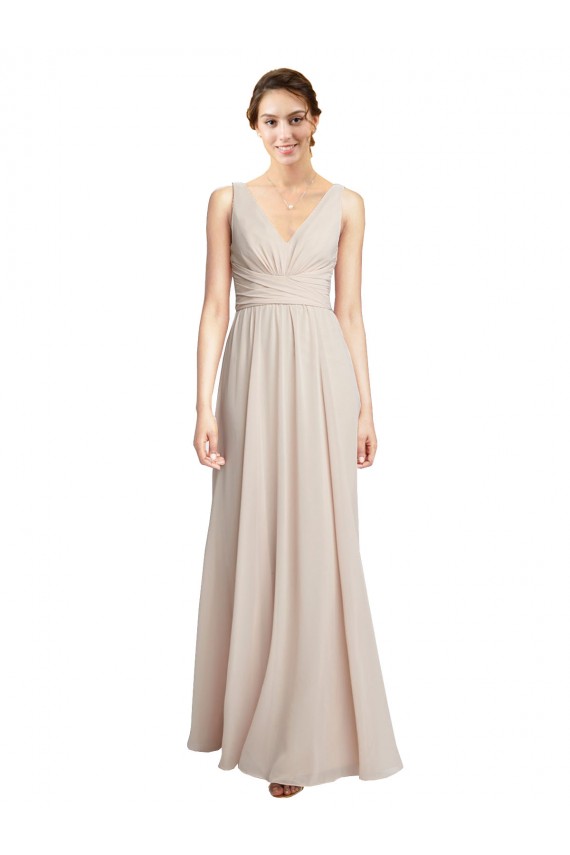 A-Line V-Neck Soft Chiffon Long Cream Pink Formal Dress / Bridesmaid Dress Barrie