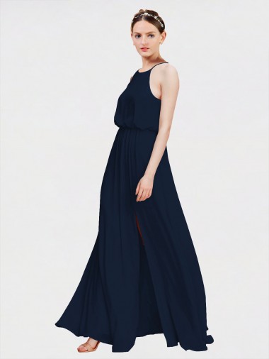 A-Line Halter Neck Chiffon Long Floor Length Dark Navy Formal Dress / Bridesmaid Dress Barrie