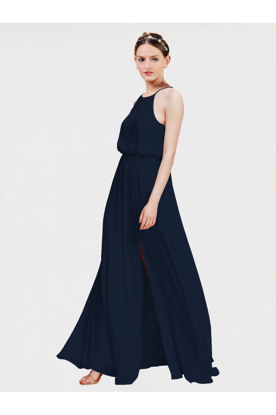 A-Line Halter Neck Chiffon Long Floor Length Dark Navy Formal Dress / Bridesmaid Dress Barrie