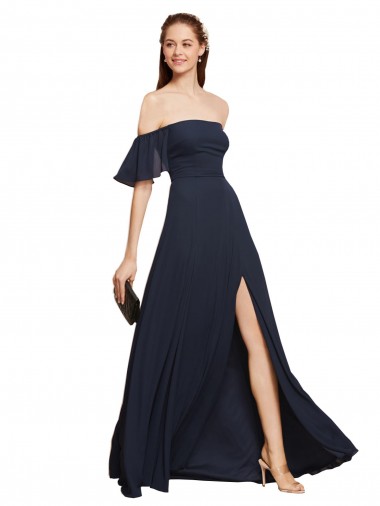 A-Line Off the Shoulder Soft Chiffon Long Dark Navy Prom Dress / Bridesmaid Dress Barrie
