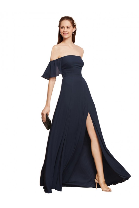 A-Line Off the Shoulder Soft Chiffon Long Dark Navy Prom Dress / Bridesmaid Dress Barrie