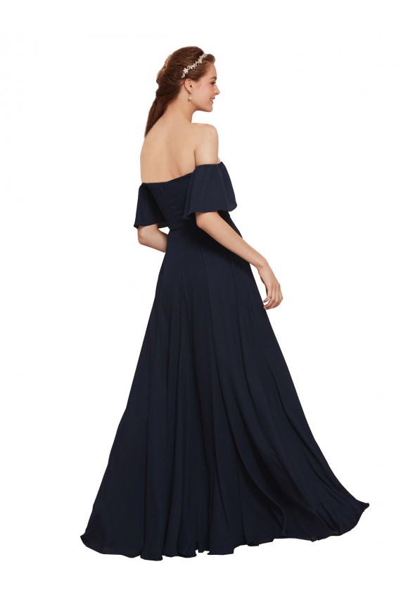 A-Line Off the Shoulder Soft Chiffon Long Dark Navy Prom Dress / Bridesmaid Dress Barrie