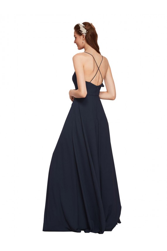 A-Line V-Neck Soft Chiffon Long Dark Navy Bridesmaid Dresses Barrie