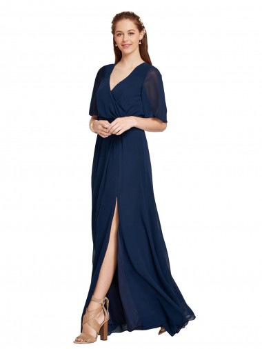 A-Line V-Neck Soft Chiffon Long Dark Navy Bridesmaid Dress / Formal Dress Barrie