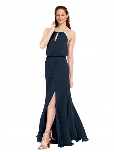A-Line Halter Neck Chiffon Long Dark Navy Bridesmaid Dress / Evening Dress Barrie