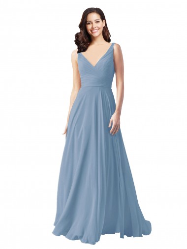 A-Line V-Neck Chiffon Long Dusty Blue Wedding Party Dress Barrie