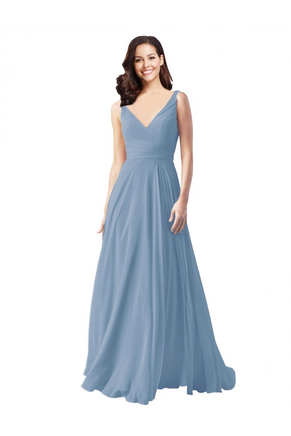 A-Line V-Neck Chiffon Long Dusty Blue Wedding Party Dress Barrie