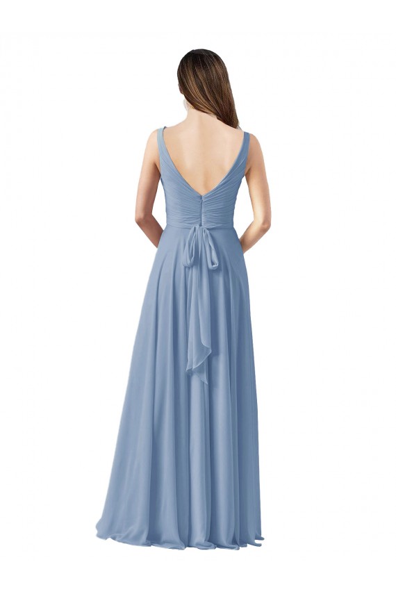 A-Line V-Neck Chiffon Long Dusty Blue Wedding Party Dress Barrie