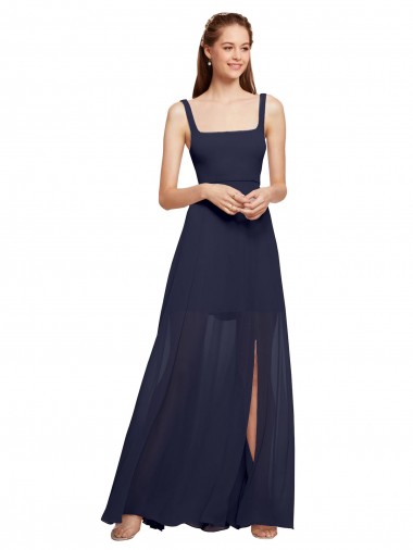 A-Line Square Neck Chiffon Long Dark Navy Bridesmaid Dress / Evening Dress Barrie