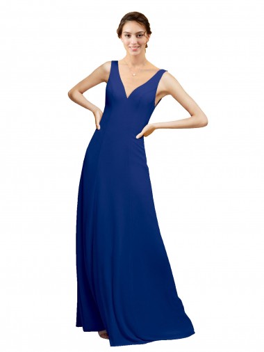 A-Line V-Neck Chiffon Long Floor Length Royal Blue Bridesmaid Dress Barrie