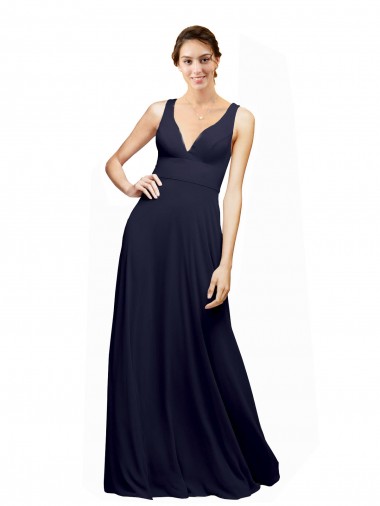 A-Line V-Neck Chiffon Long Dark Navy Wedding Guest Dress Barrie