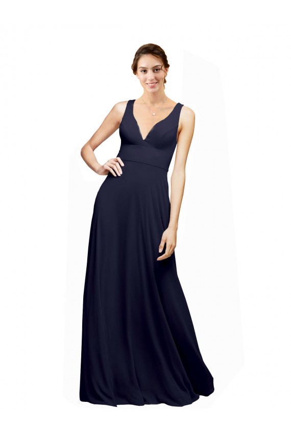 A-Line V-Neck Chiffon Long Dark Navy Wedding Guest Dress Barrie