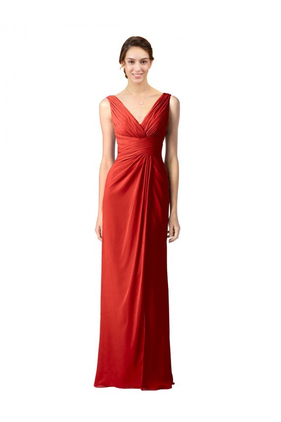 Sheath V-Neck Soft Chiffon Long Red Bridesmaid Dress Barrie