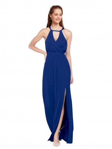 A-Line High Neck Soft Chiffon Long Royal Blue Bridesmaid Dress Barrie