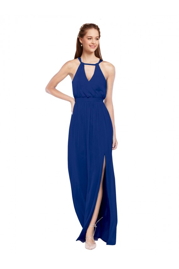A-Line High Neck Soft Chiffon Long Royal Blue Bridesmaid Dress Barrie