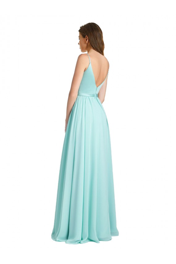 A-Line V-Neck Soft Chiffon & Satin Long Waterfall Bridesmaid Dress Barrie