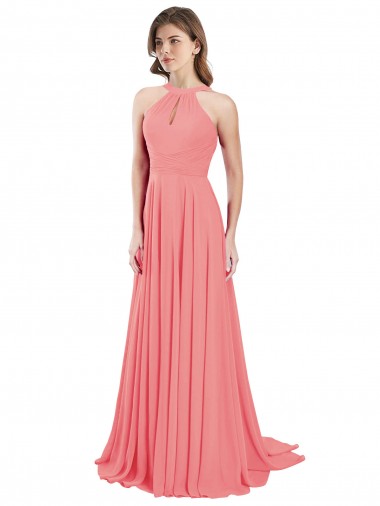 A-Line Halter Neck Chiffon Long Watermelon Bridesmaid Dress / Evening Dress Barrie