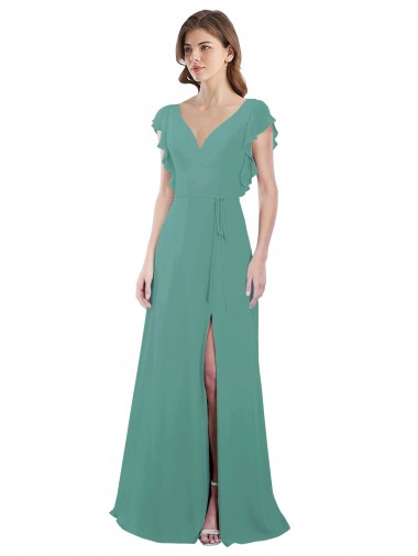 A-Line V-Neck Soft Chiffon Long Icelandic Silver Formal Dress / Bridesmaid Dress Barrie