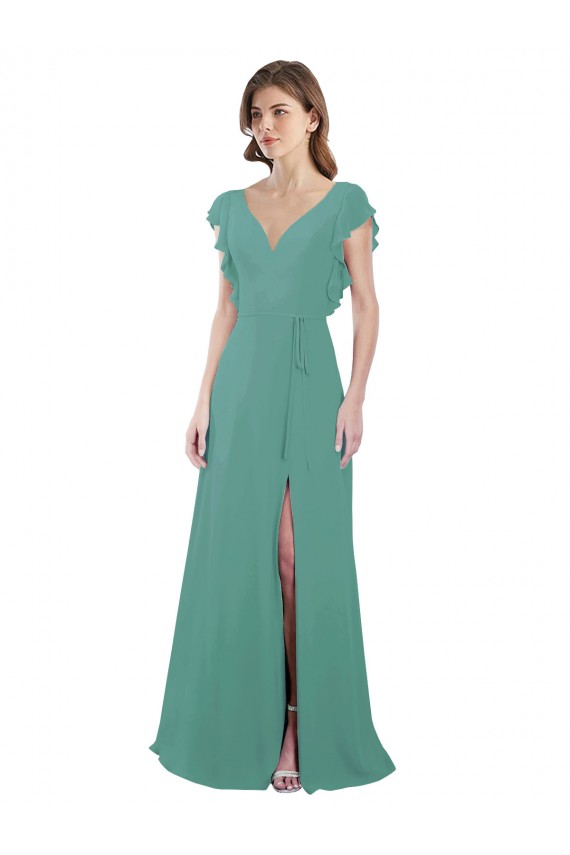 A-Line V-Neck Soft Chiffon Long Icelandic Silver Formal Dress / Bridesmaid Dress Barrie