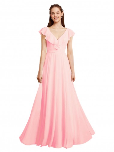 A-Line V-Neck Chiffon Long Pink Bridesmaid Dress / Evening Gowns Barrie