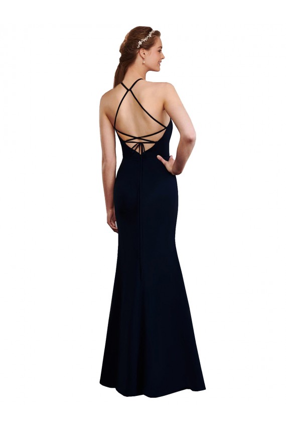 Mermaid Halter Neck Soft Chiffon Long Dark Navy Bridesmaid Dress Barrie