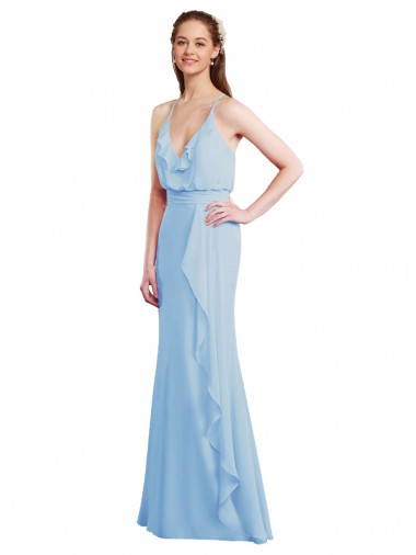 Mermaid V-Neck Soft Chiffon Long Light Sky Blue Bridesmaid Dress Barrie