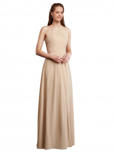 A-Line Halter Neck Soft Chiffon Long Champagne Bridesmaid Dress Barrie