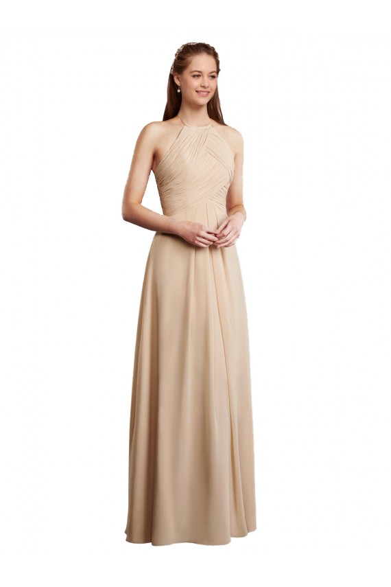 A-Line Halter Neck Soft Chiffon Long Champagne Bridesmaid Dress Barrie