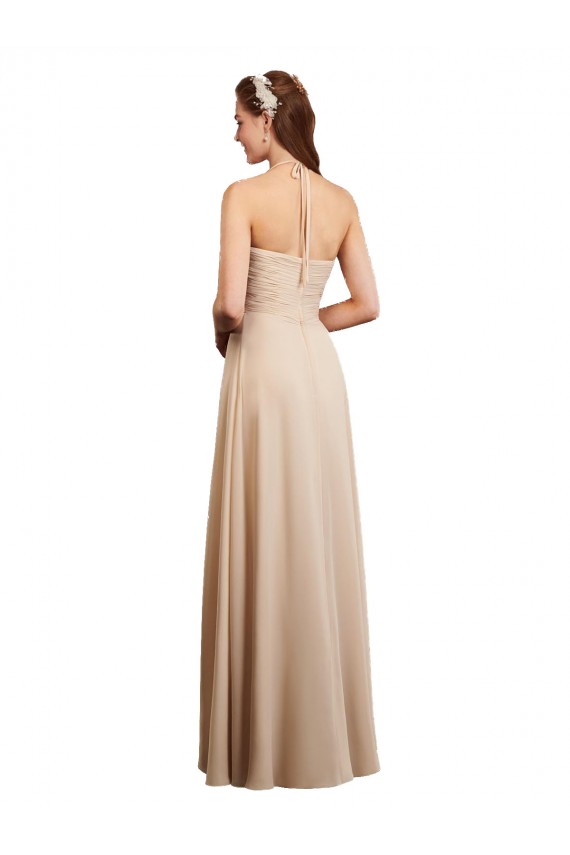A-Line Halter Neck Soft Chiffon Long Champagne Bridesmaid Dress Barrie