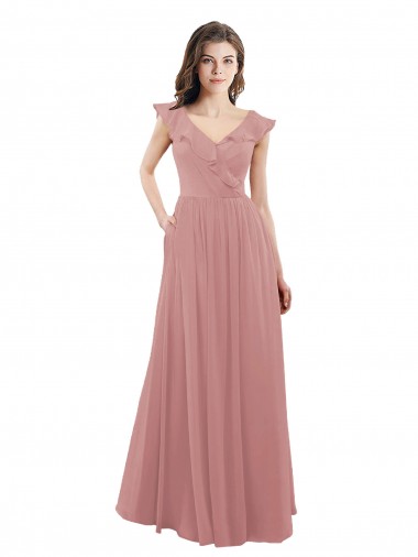 A-Line V-Neck Soft Chiffon Long Dusty Pink Bridesmaid Dress Barrie