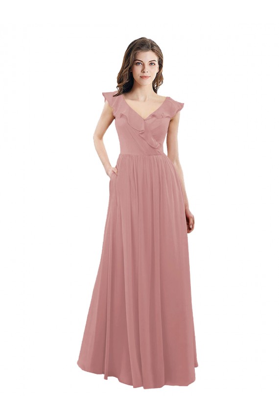 A-Line V-Neck Soft Chiffon Long Dusty Pink Bridesmaid Dress Barrie
