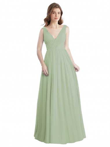 A-Line V-Neck Soft Chiffon Long Smoke Green Formal Dress / Bridesmaid Dress Barrie