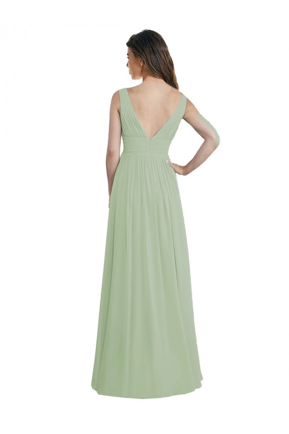 A-Line V-Neck Soft Chiffon Long Smoke Green Formal Dress / Bridesmaid Dress Barrie