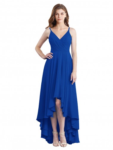 A-Line Spaghetti Straps Soft Chiffon Long Royal Blue High Low Bridesmaid Dress Barrie