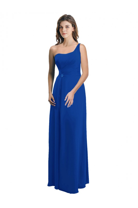 A-Line One Shoulder Soft Chiffon Long Royal Blue Bridesmaid Dress Barrie
