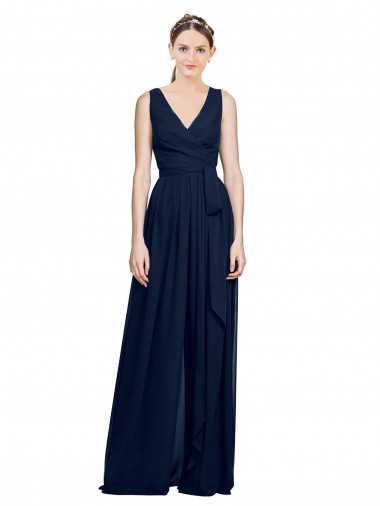 A-Line V-Neck Chiffon Long Dark Navy Wedding Party Dress Barrie