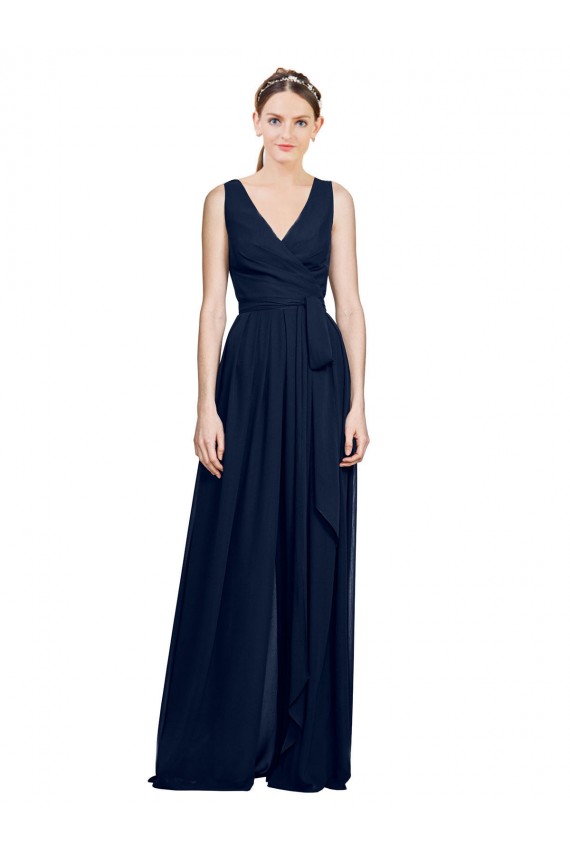 A-Line V-Neck Chiffon Long Dark Navy Wedding Party Dress Barrie