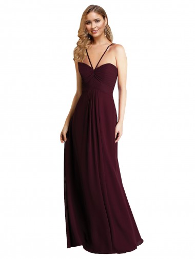 A-Line Spaghetti Straps Chiffon Long Burgundy Gold Wedding Party Dress Barrie