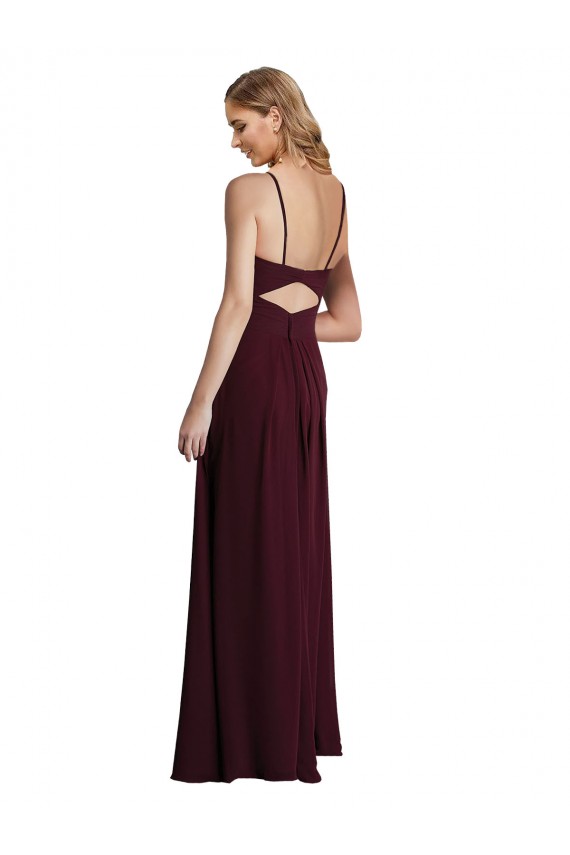A-Line Spaghetti Straps Chiffon Long Burgundy Gold Wedding Party Dress Barrie