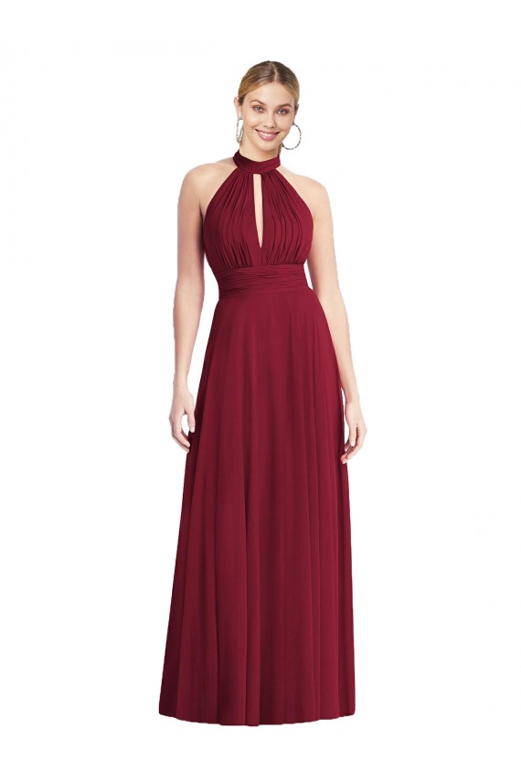A-Line High Neck Soft Chiffon Long Burgundy Semi Formal Evening Dress / Bridesmaid Dress Barrie