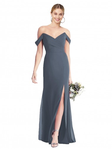 Trumpet Off the Shoulder Soft Chiffon Long Silver Stone Bridesmaid Dress Barrie