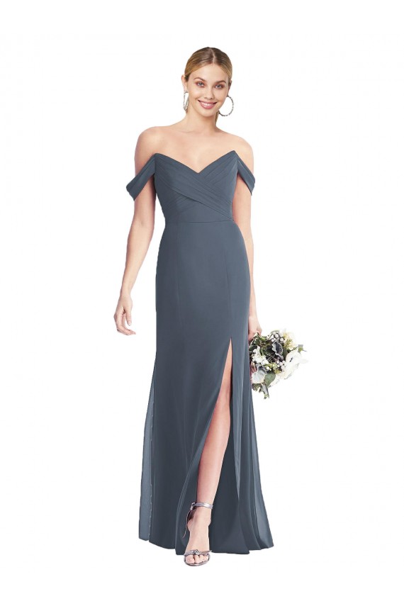 Trumpet Off the Shoulder Soft Chiffon Long Silver Stone Bridesmaid Dress Barrie