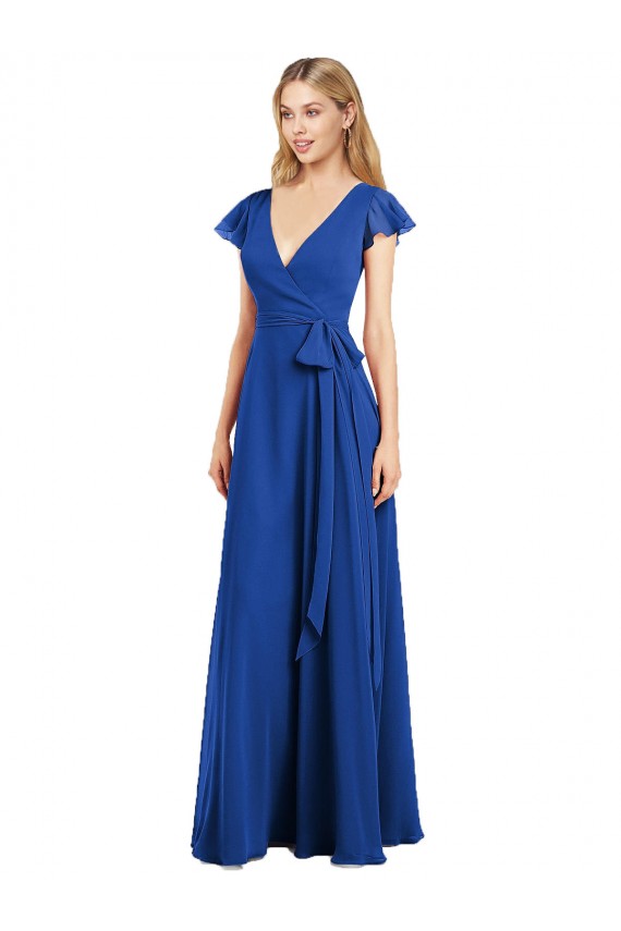 A-Line V-Neck Lxue Chiffon Long Royal Blue Bridesmaid Dress Barrie