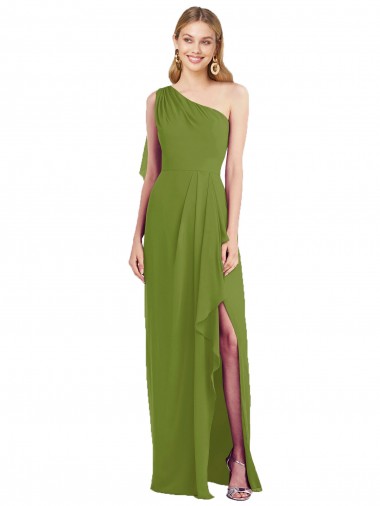 Trumpet One Shoulder Soft Chiffon Long Olive Green Bridesmaid Dress Barrie