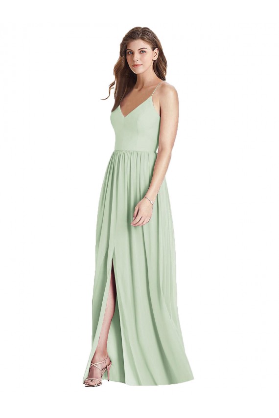 A-Line V-Neck Soft Chiffon Long Sage Semi Formal Evening Dress / Bridesmaid Dress Barrie