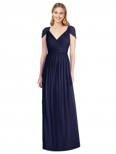 Trumpet V-Neck Soft Chiffon Long Dark Navy Bridesmaid Dress Barrie